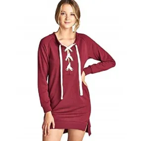 Active USA Womens Top Lace Up Sweatshirt Dress, Burgundy, Size Small