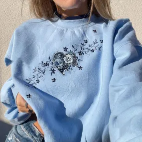 American Retro Light Blue Heart Embroidered Round Neck Sweater