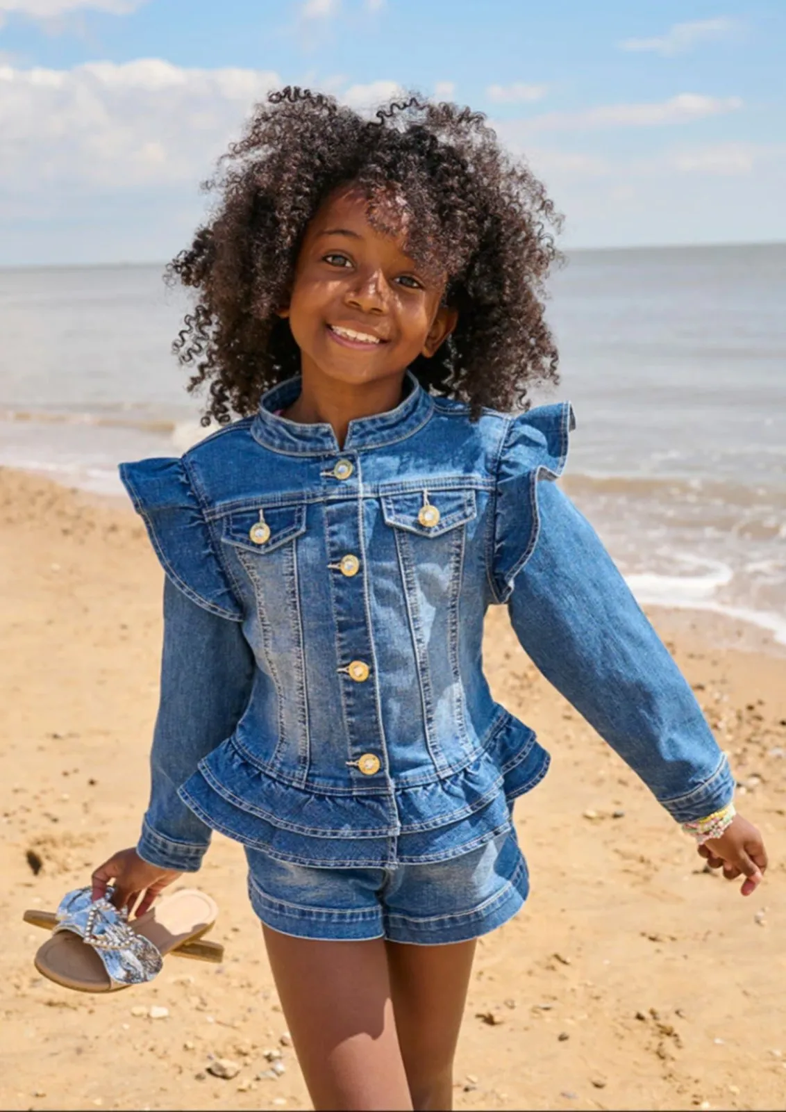 Angel's Face Girls Indigo Denim Ruffle Shoulder Jacket