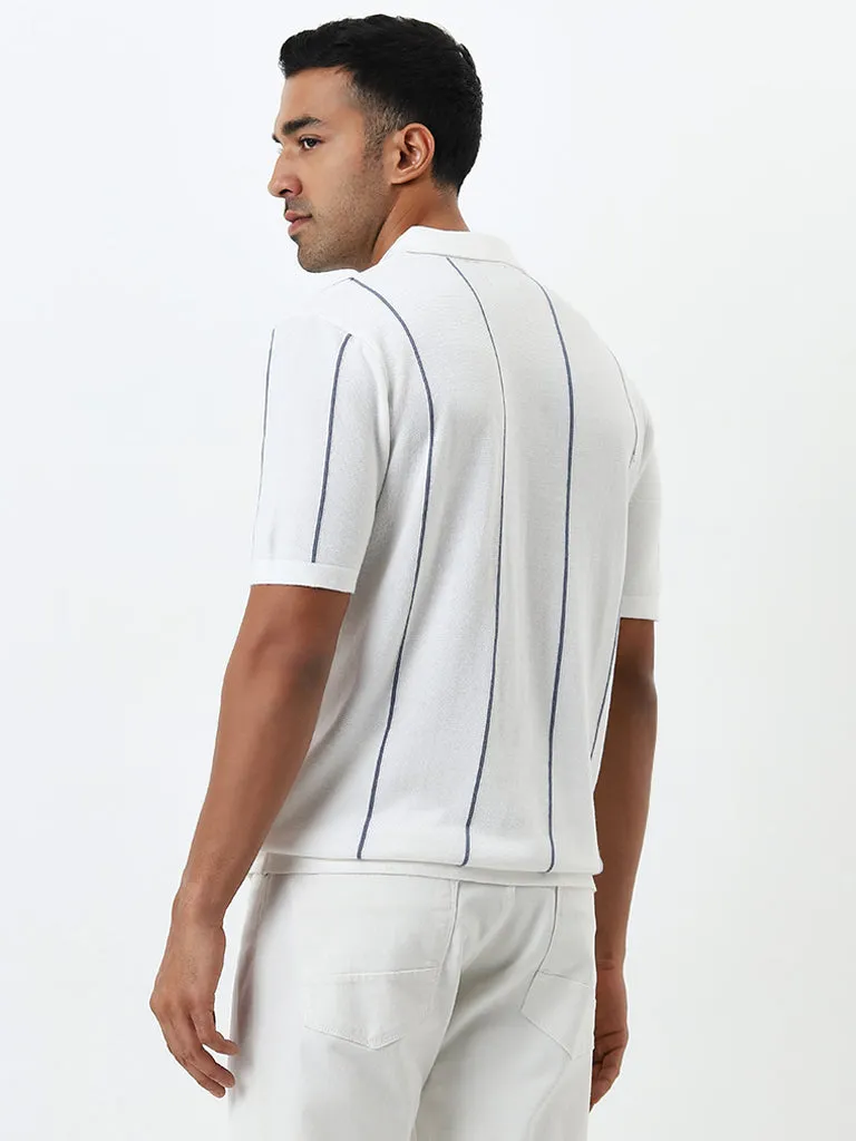 Ascot White Stripe Pattern Relaxed-Fit Cotton Polo T-Shirt