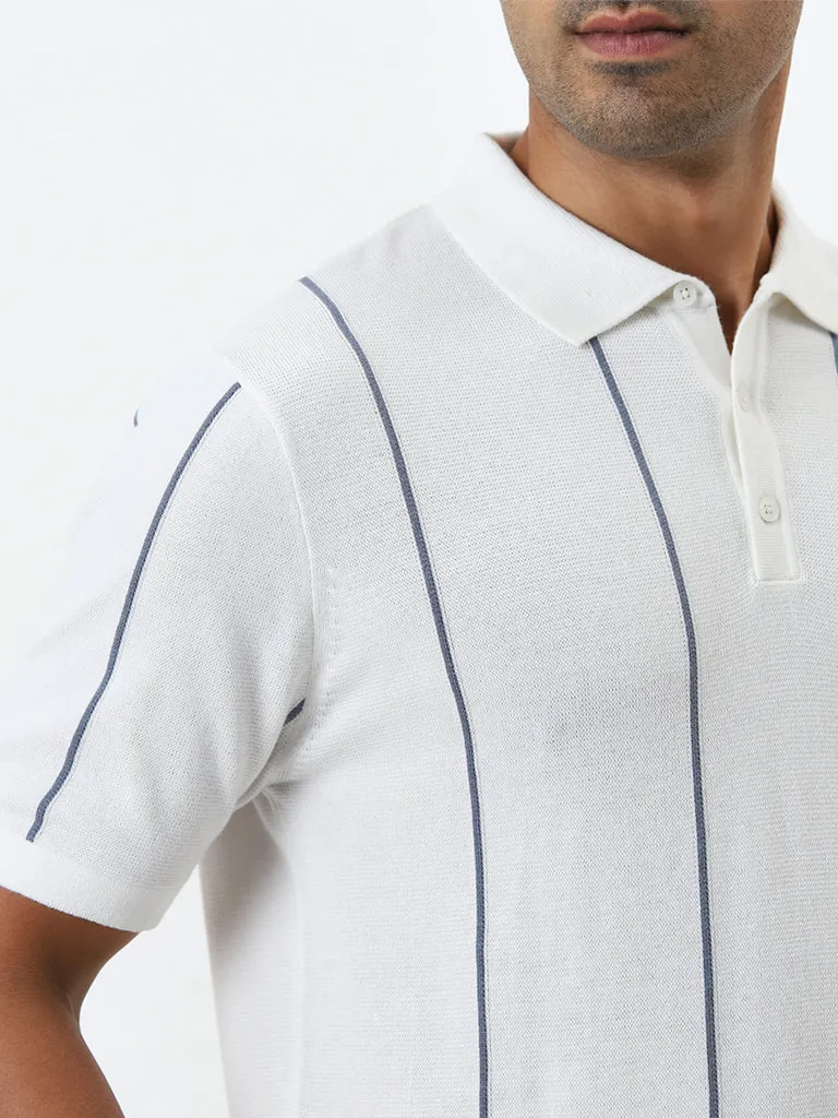 Ascot White Stripe Pattern Relaxed-Fit Cotton Polo T-Shirt