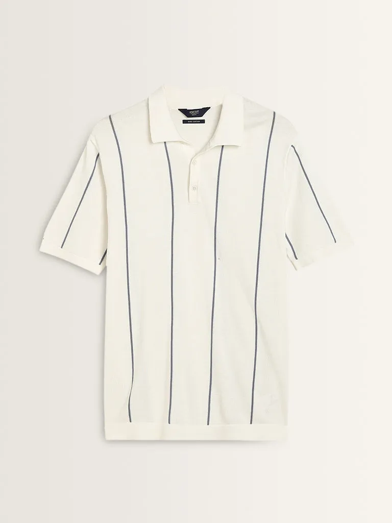 Ascot White Stripe Pattern Relaxed-Fit Cotton Polo T-Shirt