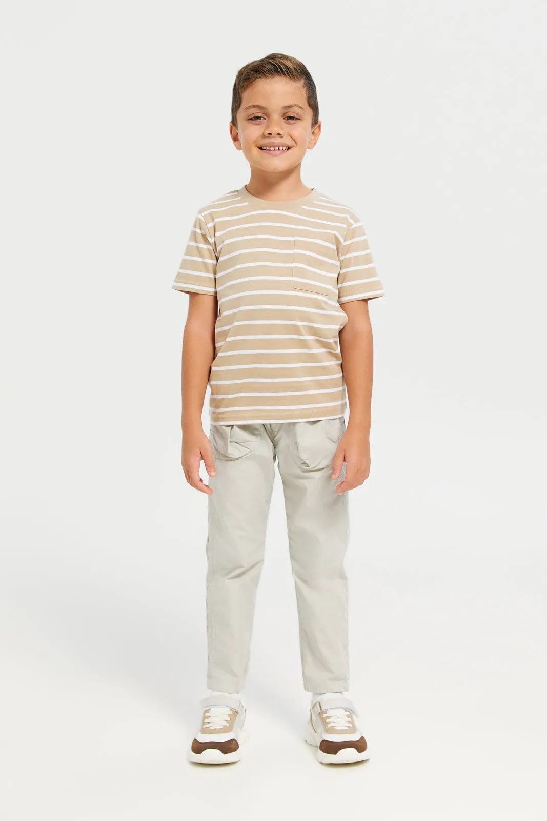 Boys Beige And White Striped T-Shirt