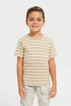 Boys Beige And White Striped T-Shirt