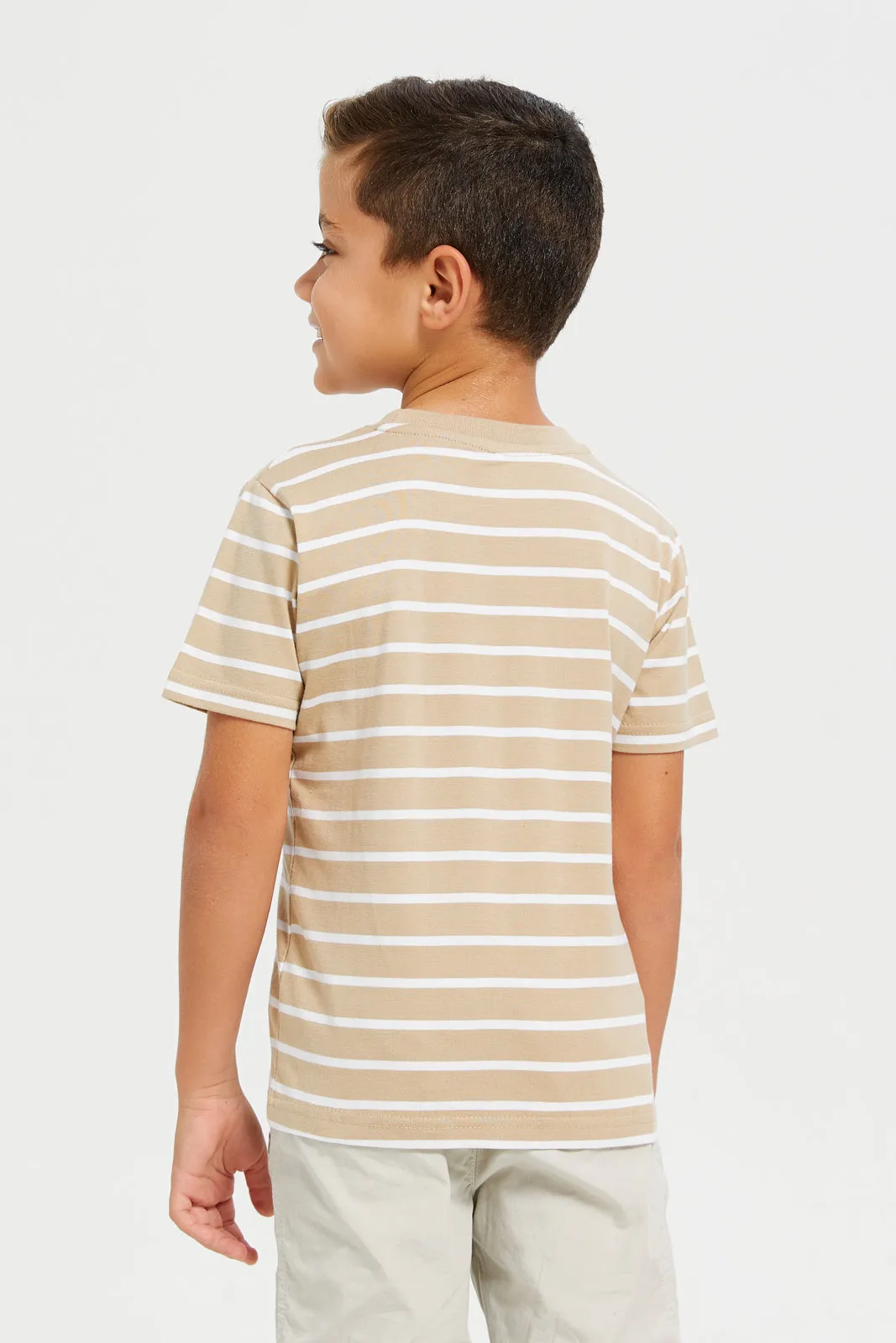 Boys Beige And White Striped T-Shirt