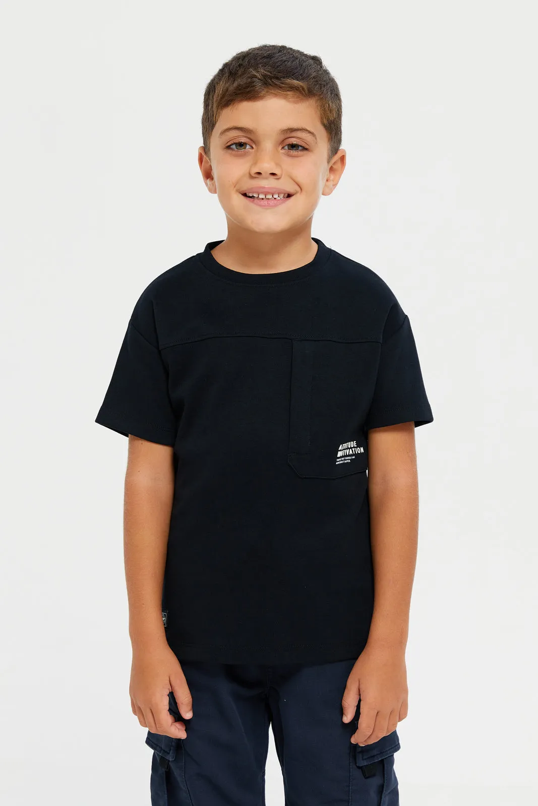 Boys Black Printed Soft Feel Drop Shoulder T-Shirt