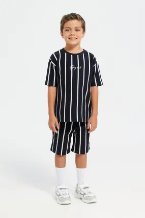 Boys Black Striped T-Shirt With Shorts Set (2 Piece)