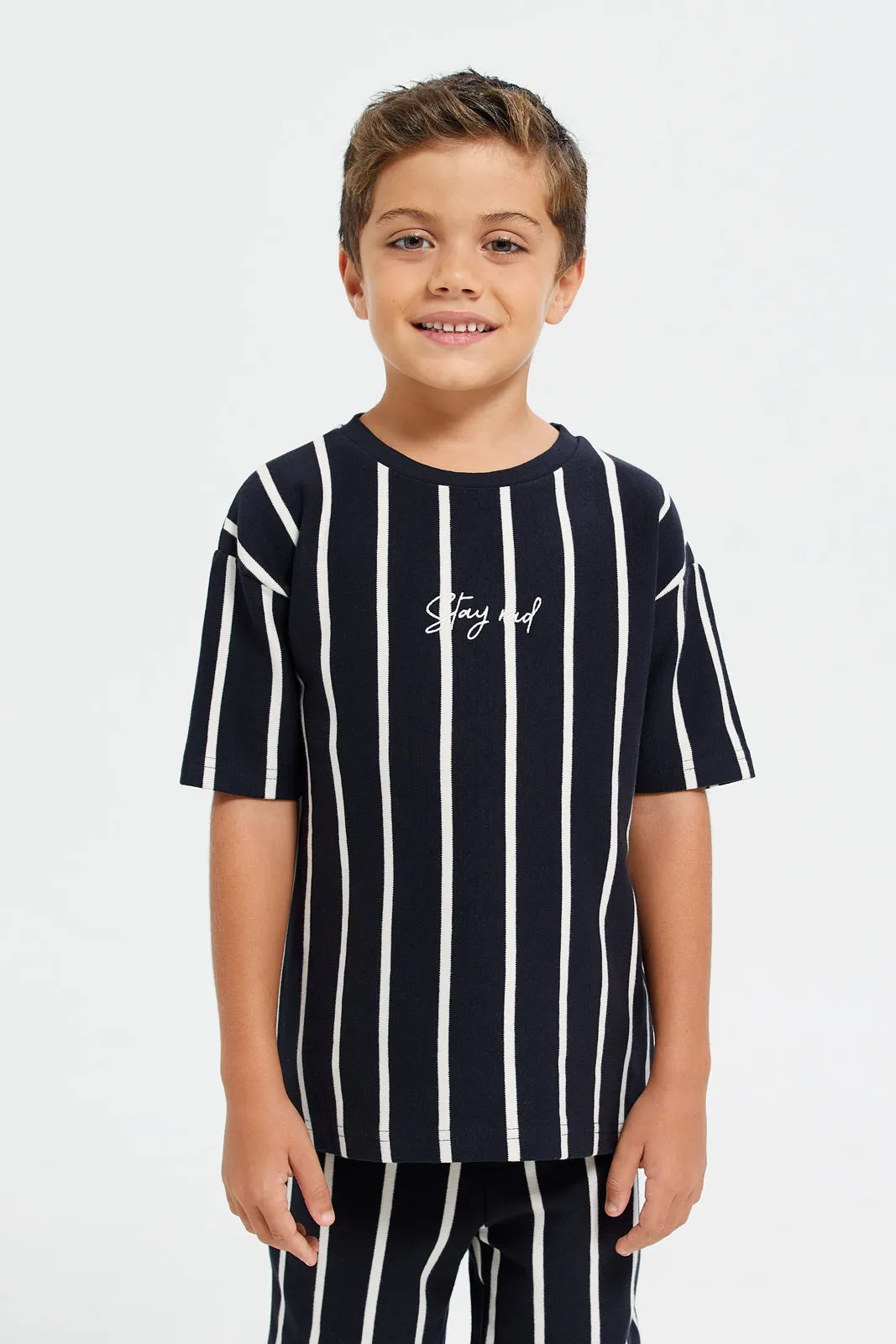 Boys Black Striped T-Shirt With Shorts Set (2 Piece)