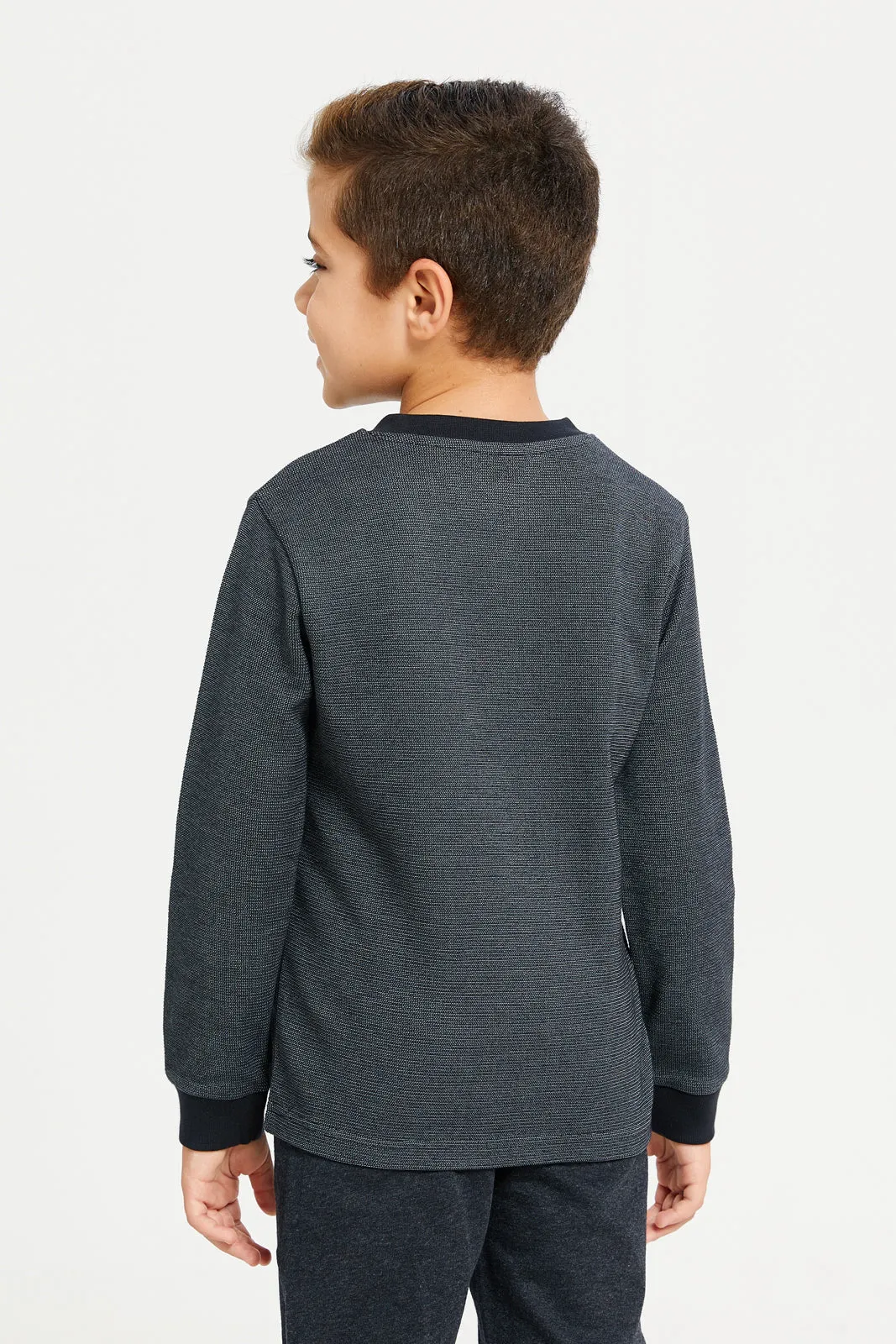 Boys Black Waffle Fabric Long Sleeve Henley Tee