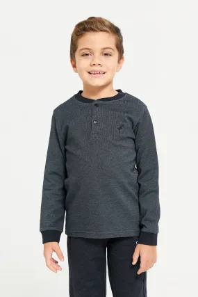 Boys Black Waffle Fabric Long Sleeve Henley Tee