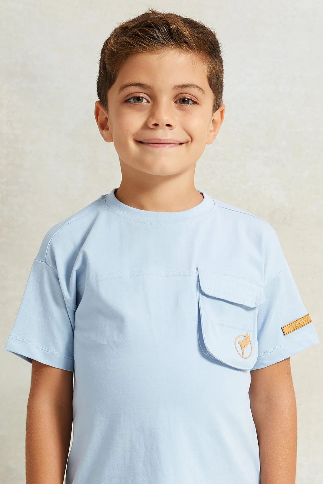 Boys Blue Short  Sleeve Drop Shoulder With Pocket T-Shirt