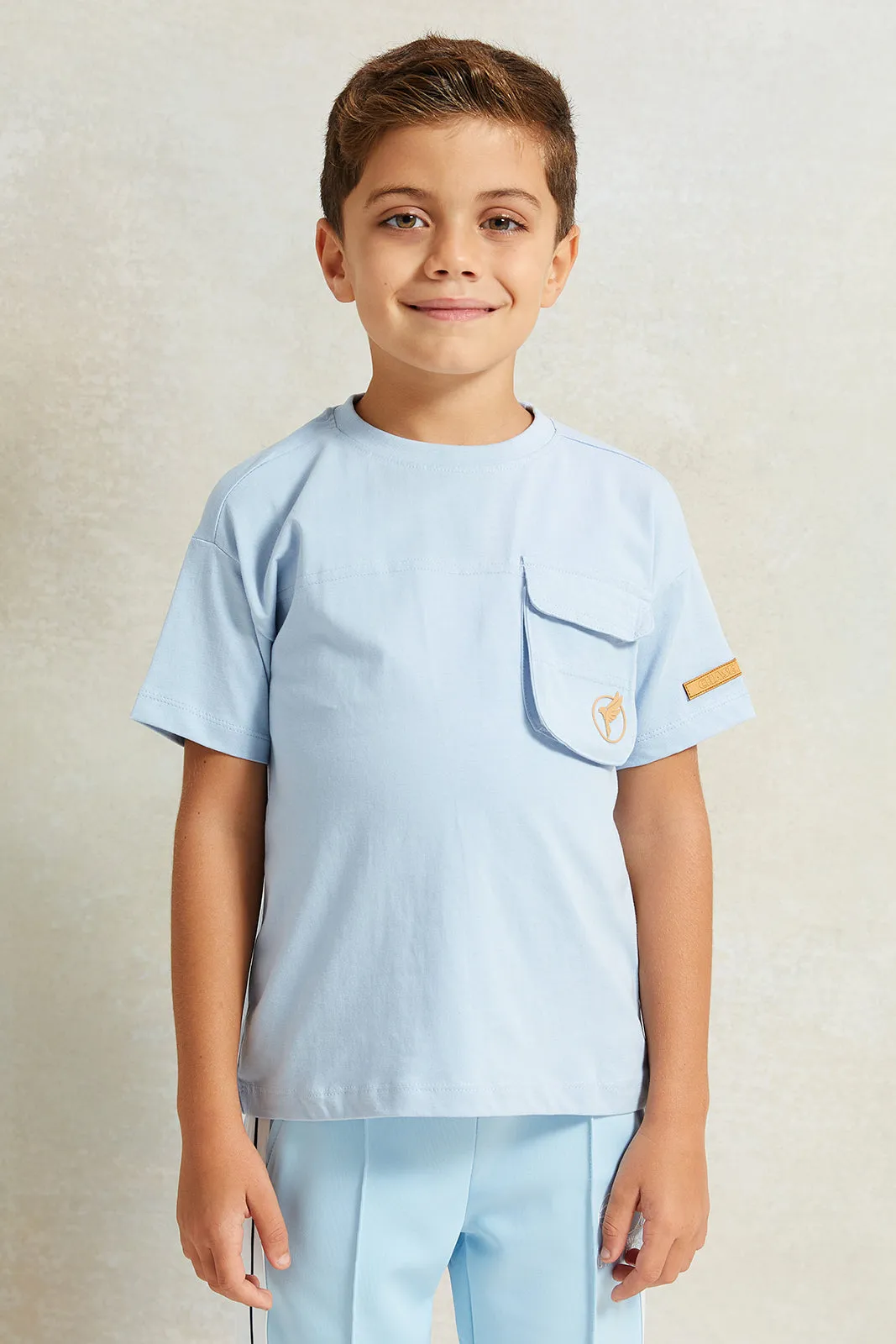 Boys Blue Short  Sleeve Drop Shoulder With Pocket T-Shirt