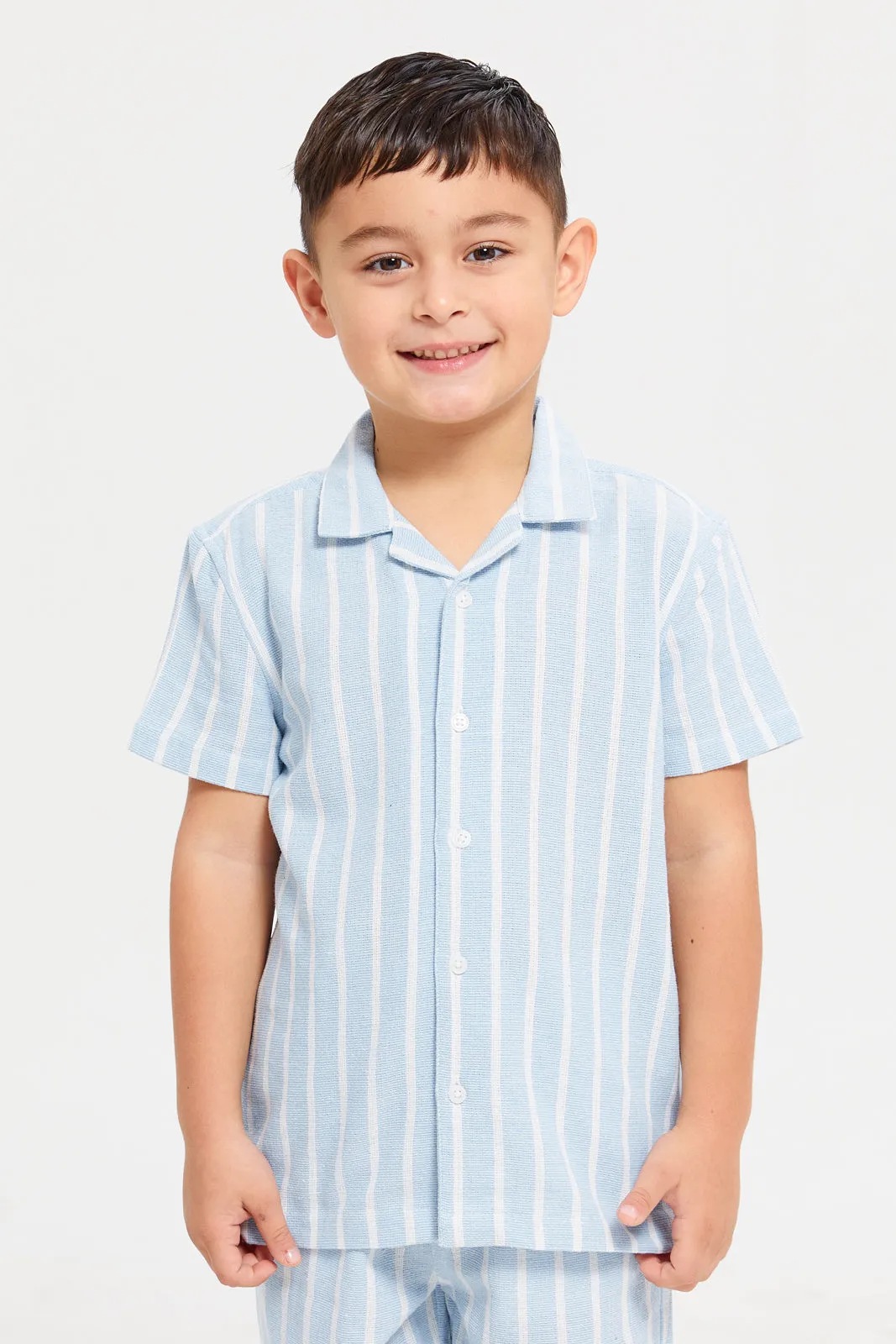 Boys Blue Striped Shirt And Shorts Set (2 Piece)