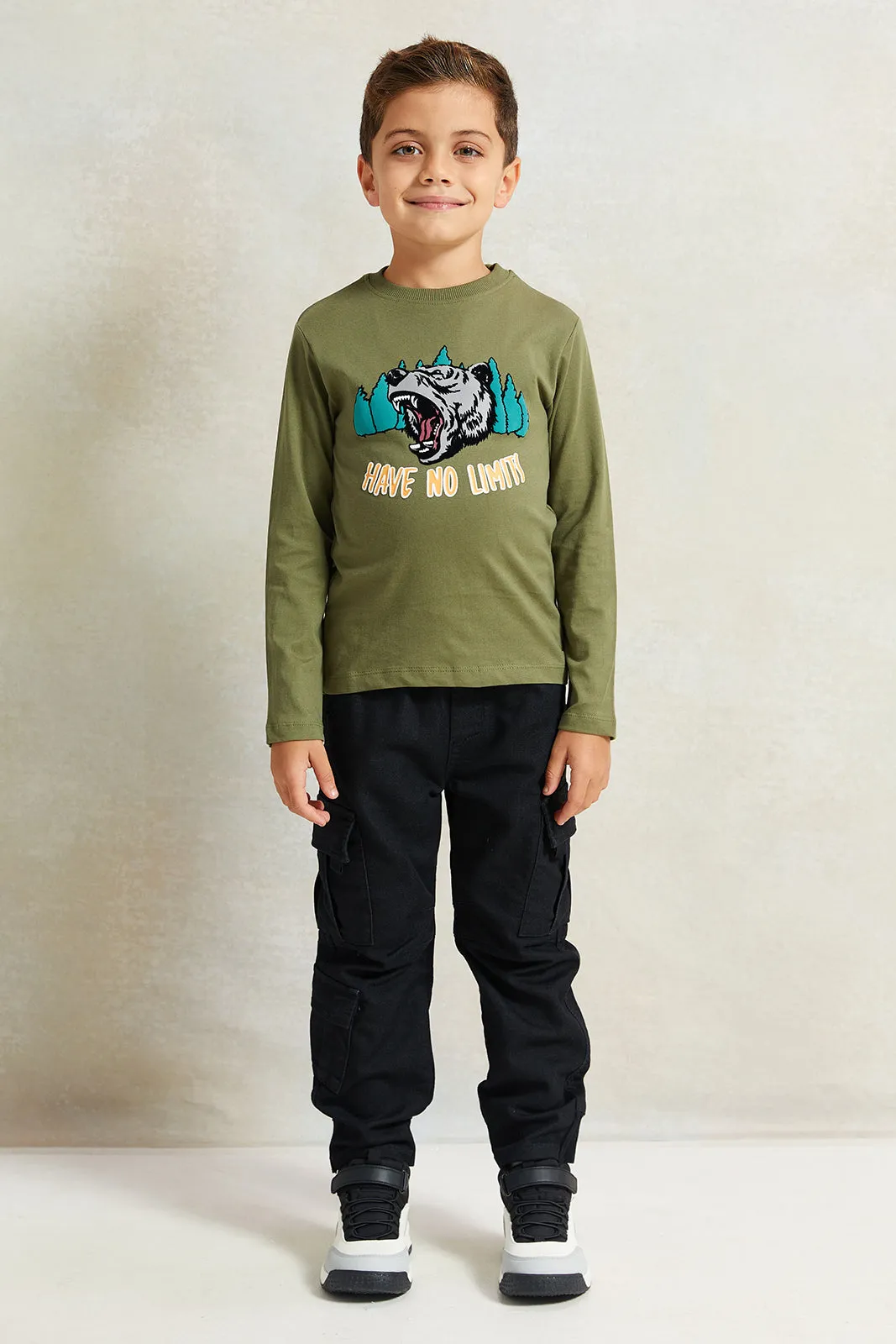 Boys Green Printed Long Sleeve T-Shirt