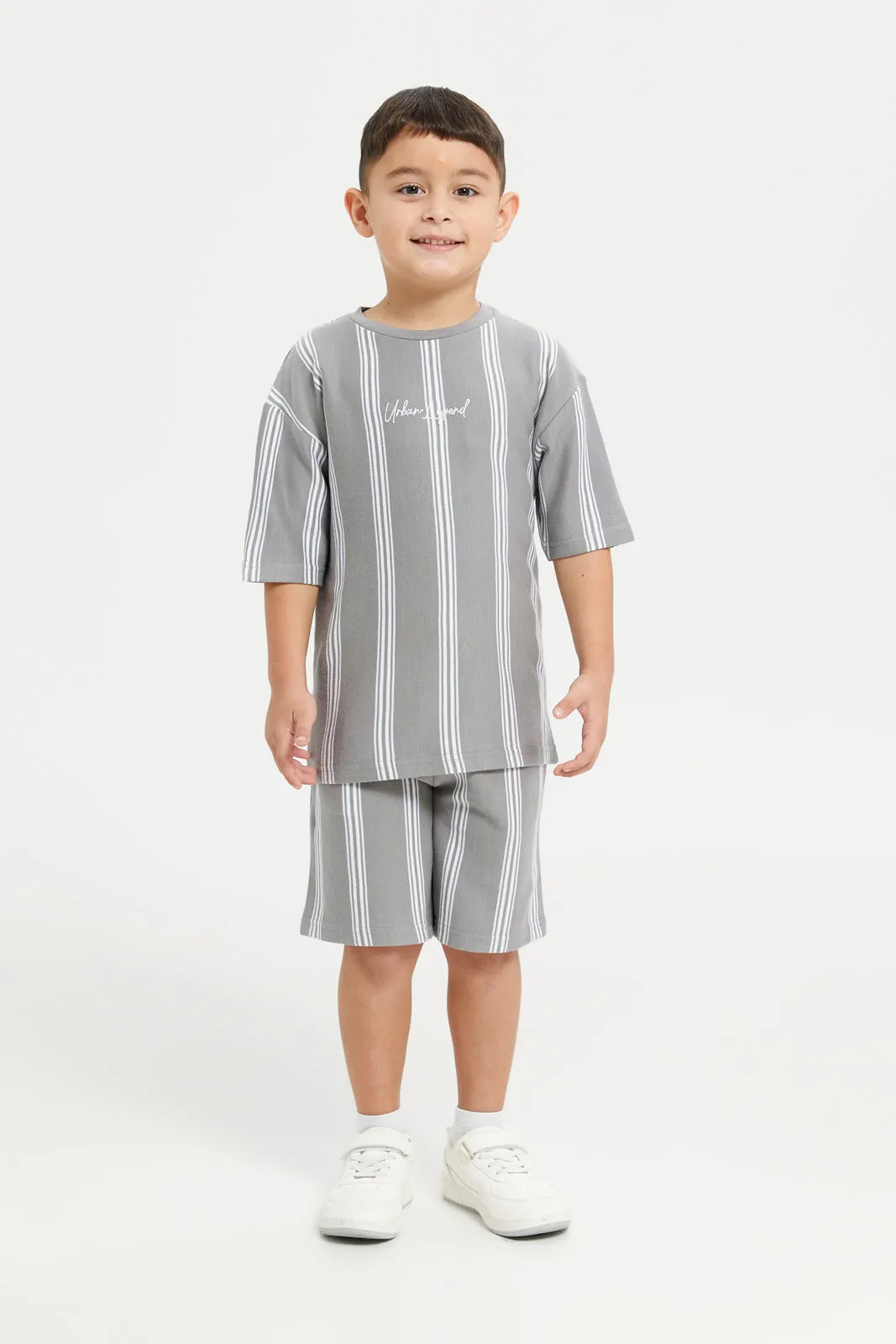 Boys Grey And White Striped Casual Set (2 Piece)