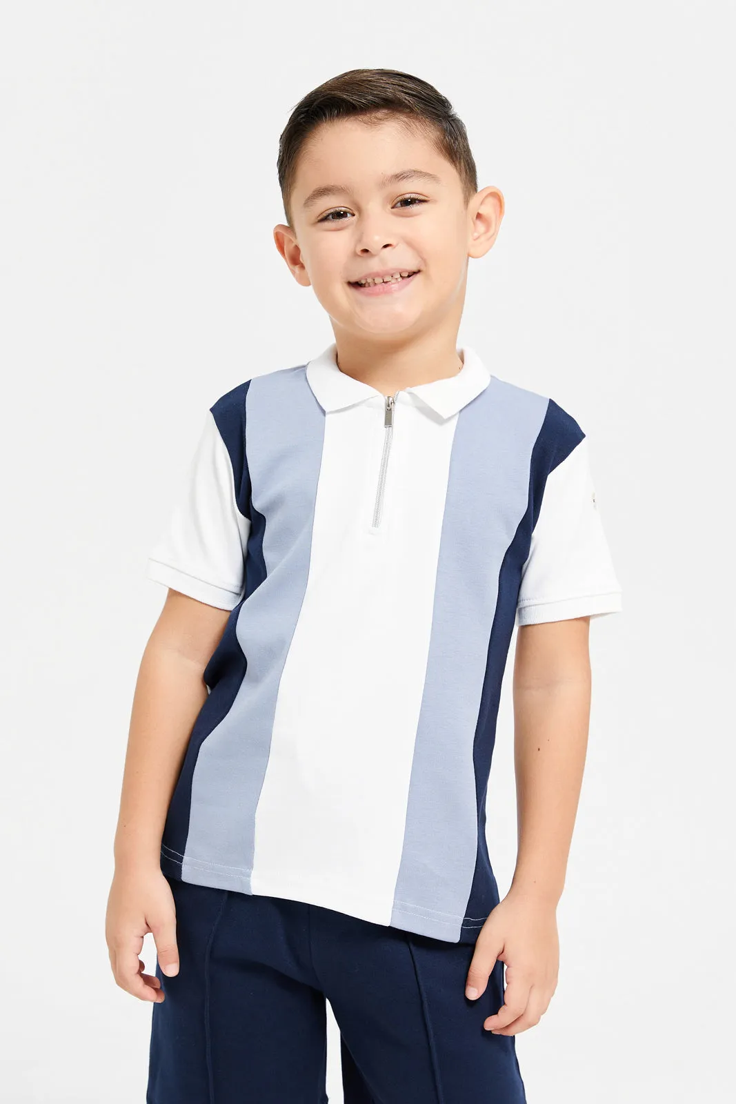 Boys Navy And White Striped Shorts Set (2 Piece)