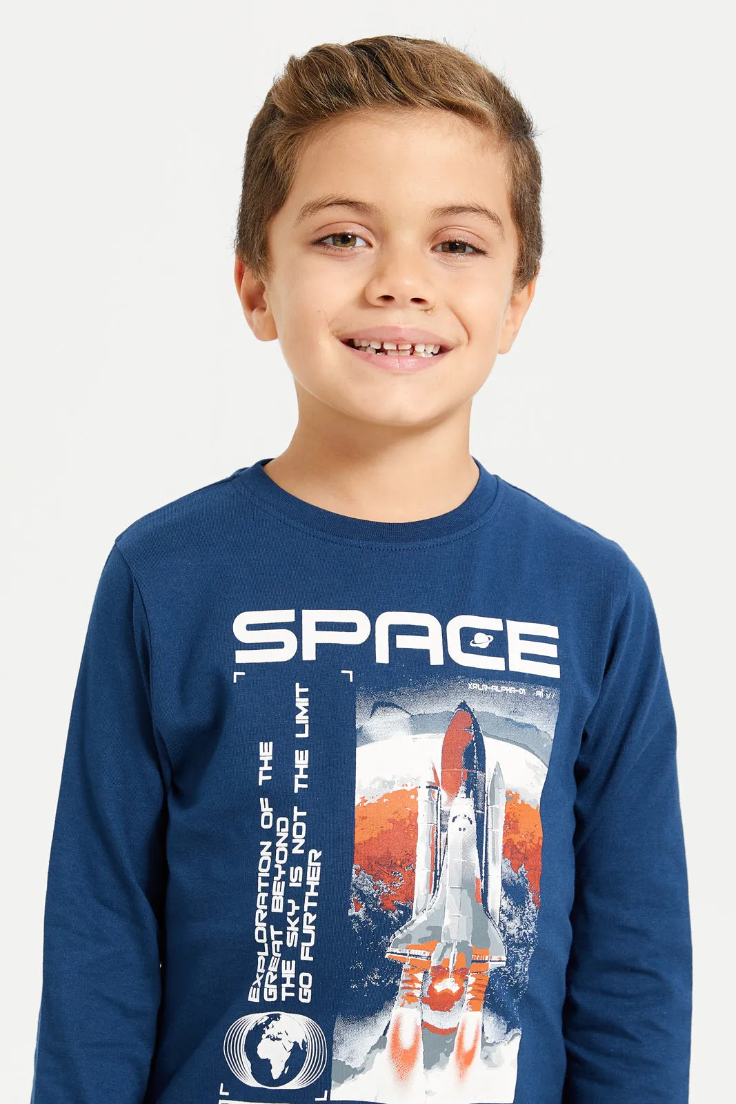 Boys Navy Space Printed Long Sleeve T-Shirt