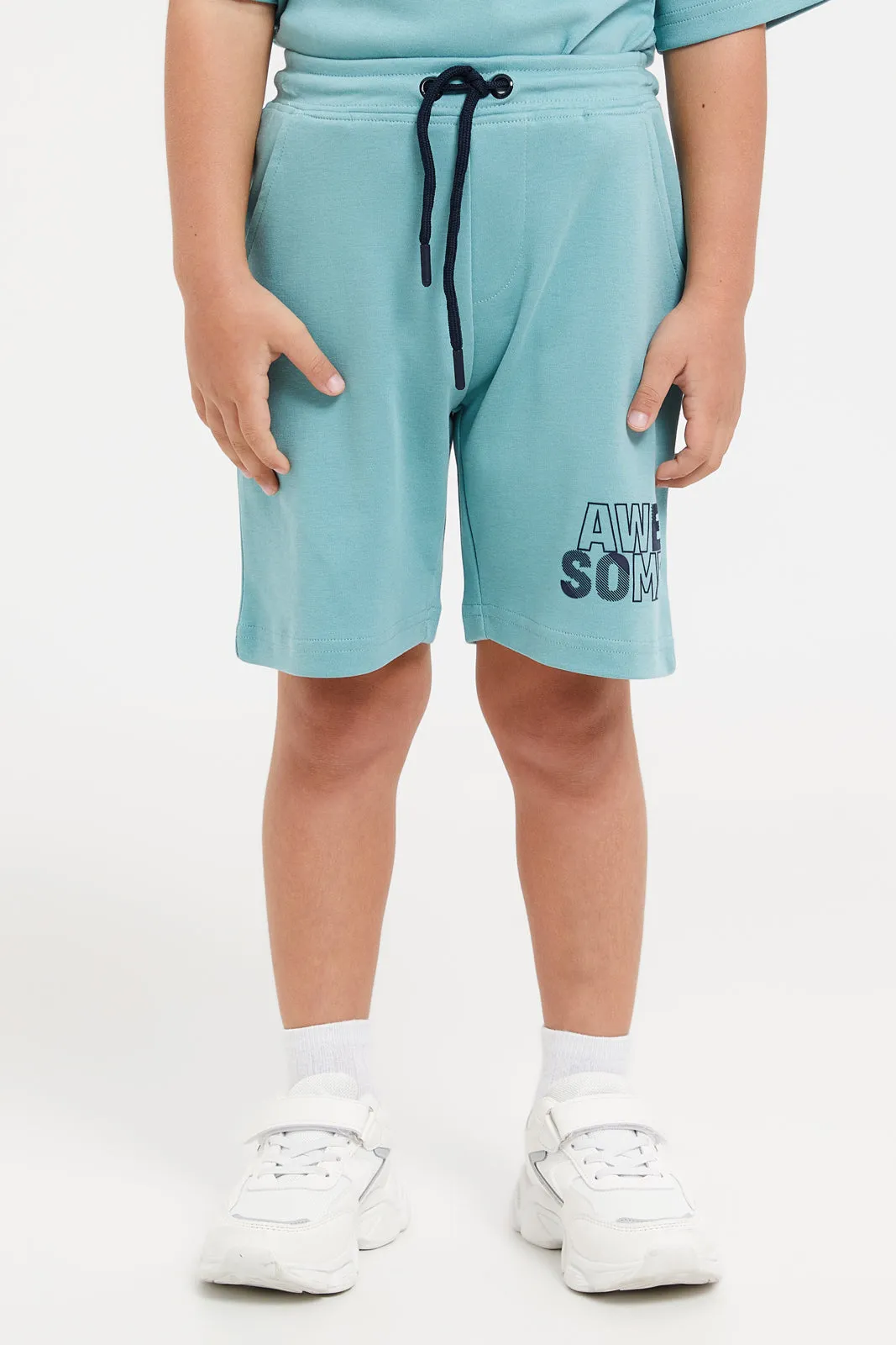 Boys Teal Printed T-Shirt And Shorts Casual Set (2 Piece)