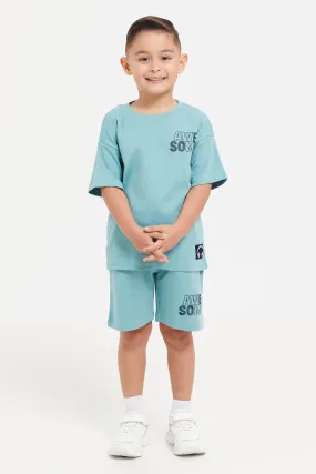 Boys Teal Printed T-Shirt And Shorts Casual Set (2 Piece)