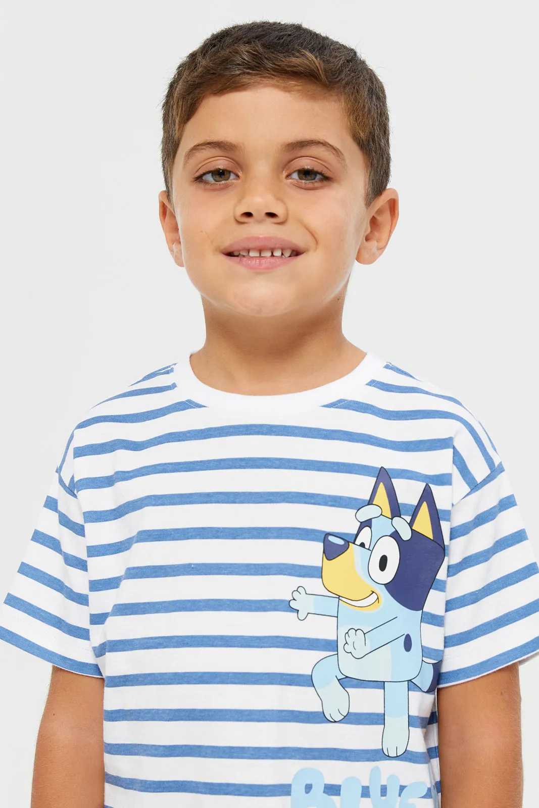 Boys White And Blue Short Sleeve Stripe Bluey T-Shirt