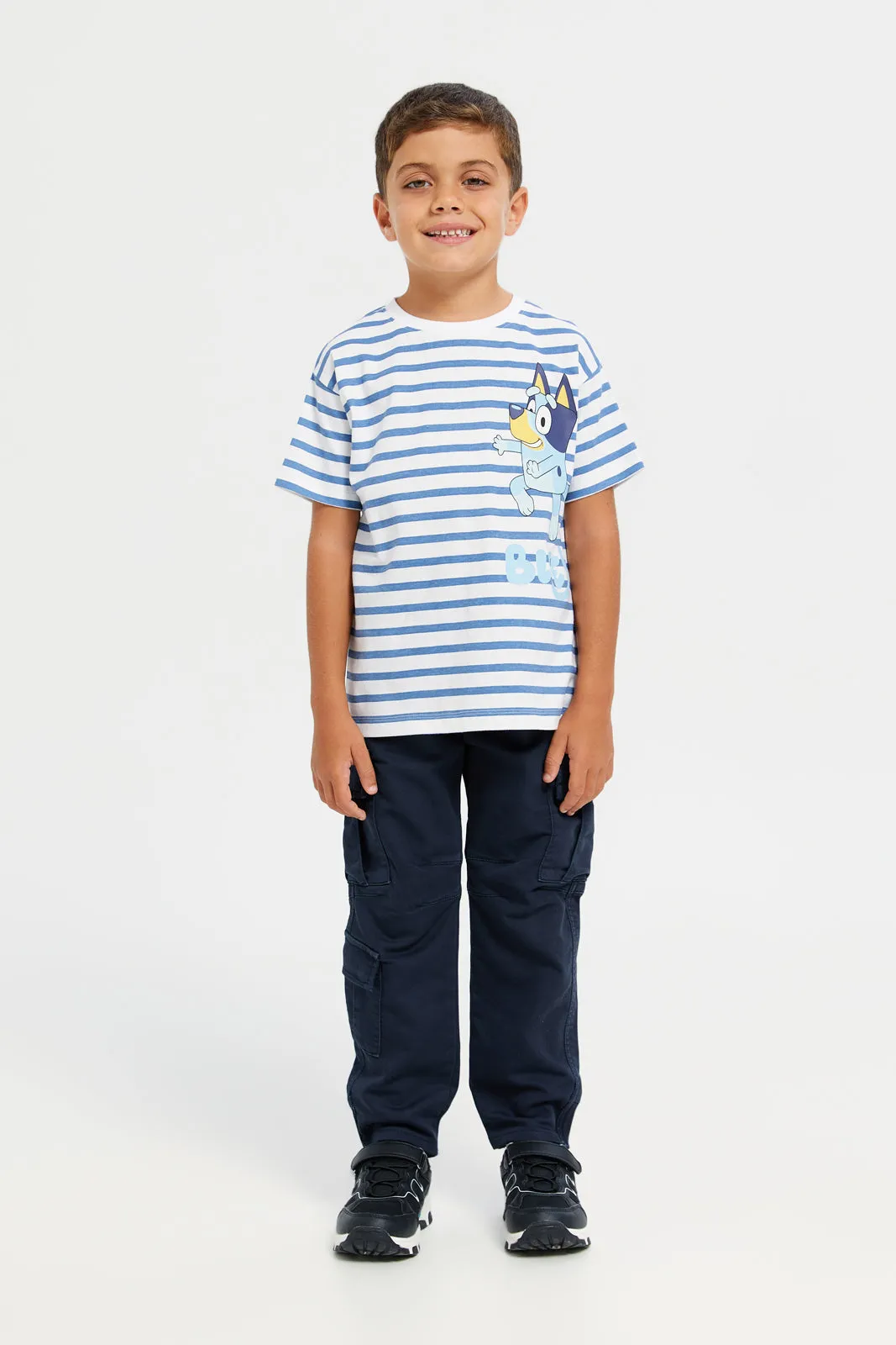 Boys White And Blue Short Sleeve Stripe Bluey T-Shirt