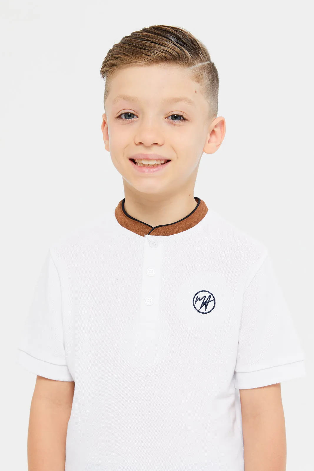 Boys White Embroidery Suede Collar Polo T-Shirt