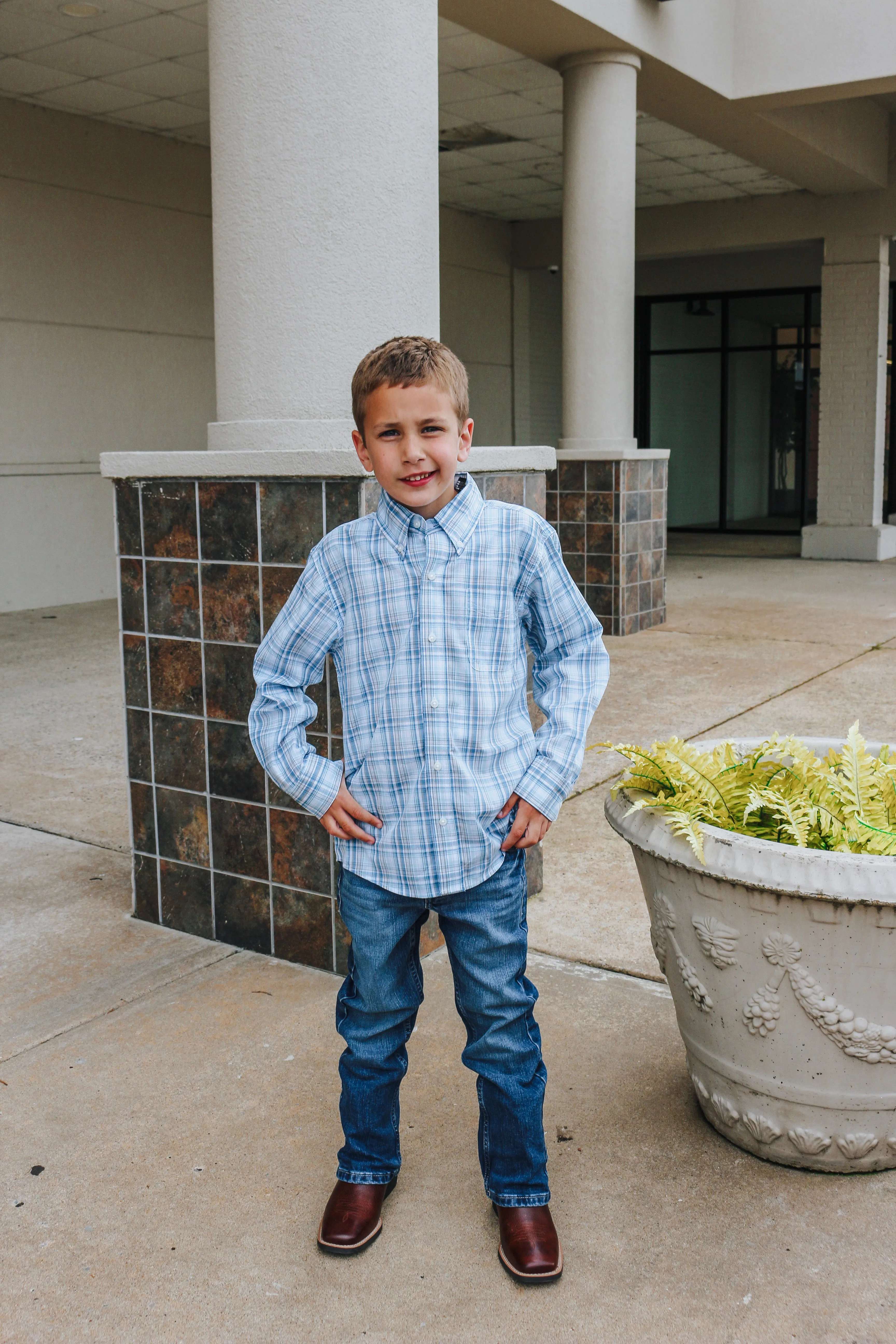 Boys Wrangler Riata Blue & White Long Sleeve Western Shirt