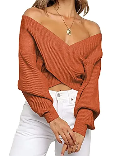 BTFBM Women Casual V Neck Long Sleeve Sweaters Cross Wrap Front Off Shoulder Asymmetric Hem Knitted Crop Solid Pullover(Solid Brown, Large)