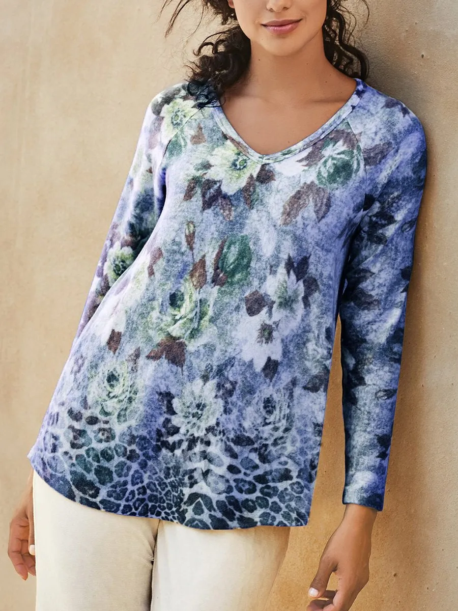 Casual Vintage V-Neck Floral Long Sleeve T-Shirt