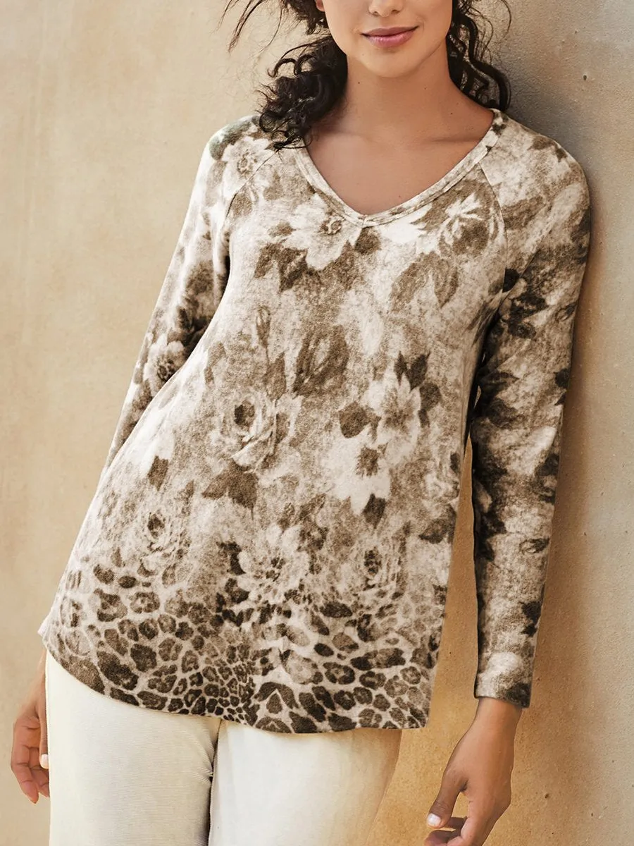 Casual Vintage V-Neck Floral Long Sleeve T-Shirt