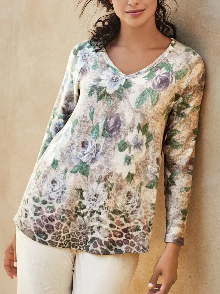 Casual Vintage V-Neck Floral Long Sleeve T-Shirt