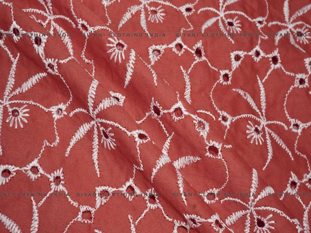 Coral Floral Cutwork Chikan Embroidered Fabric