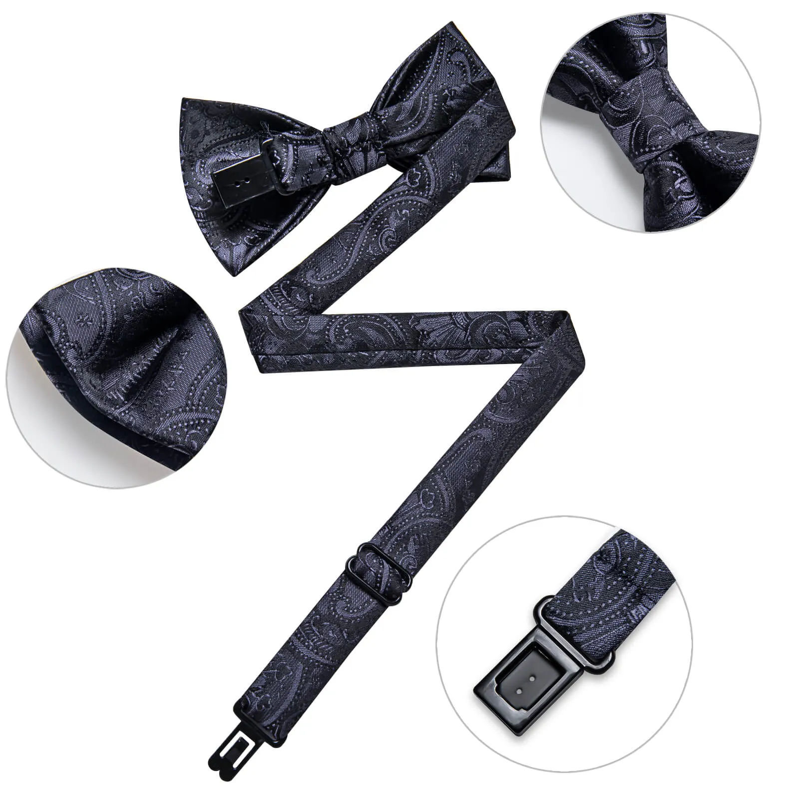 DiBanGu Kids Bow Tie Iron Grey Paisley Silk Pre-Bow Tie Hanky Set