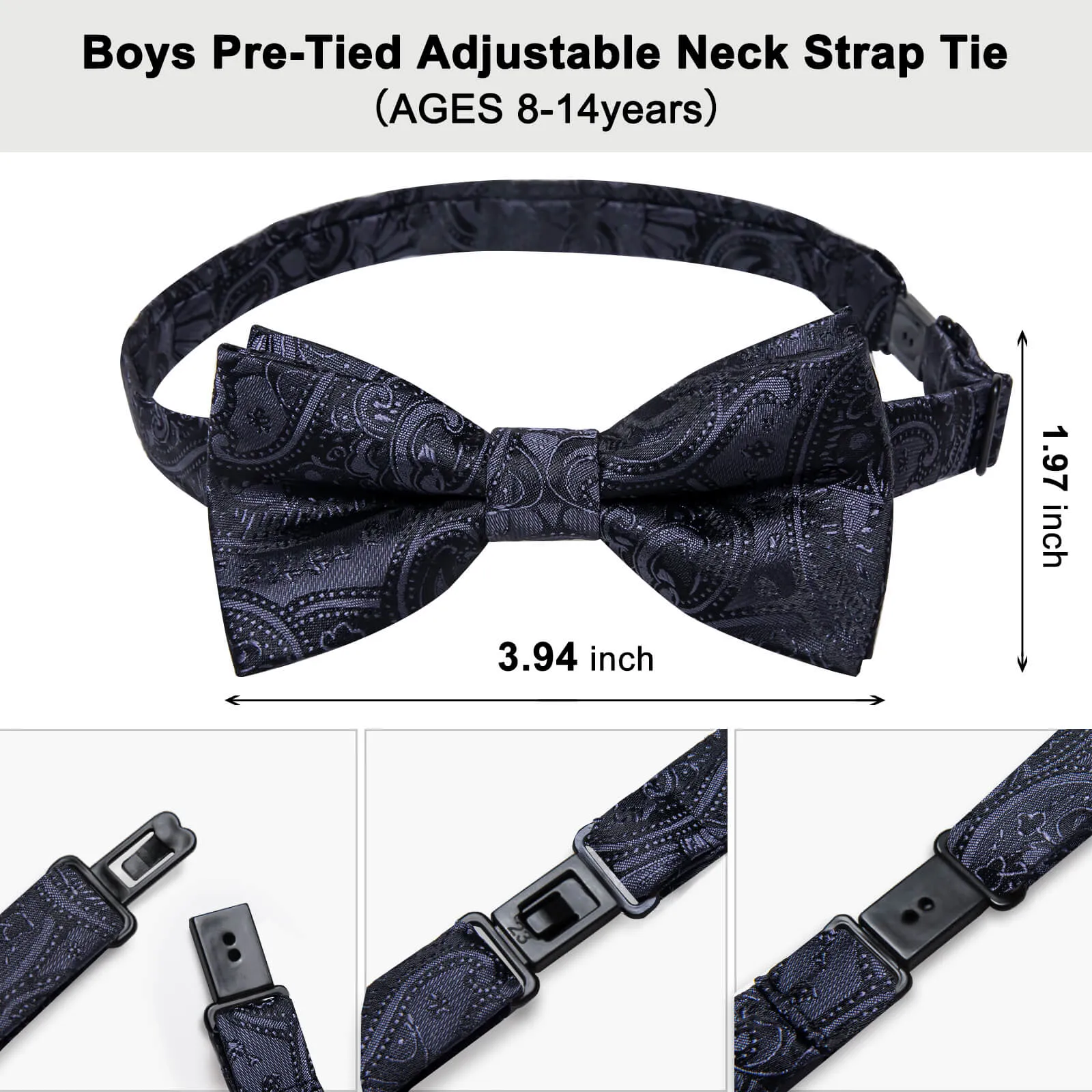 DiBanGu Kids Bow Tie Iron Grey Paisley Silk Pre-Bow Tie Hanky Set