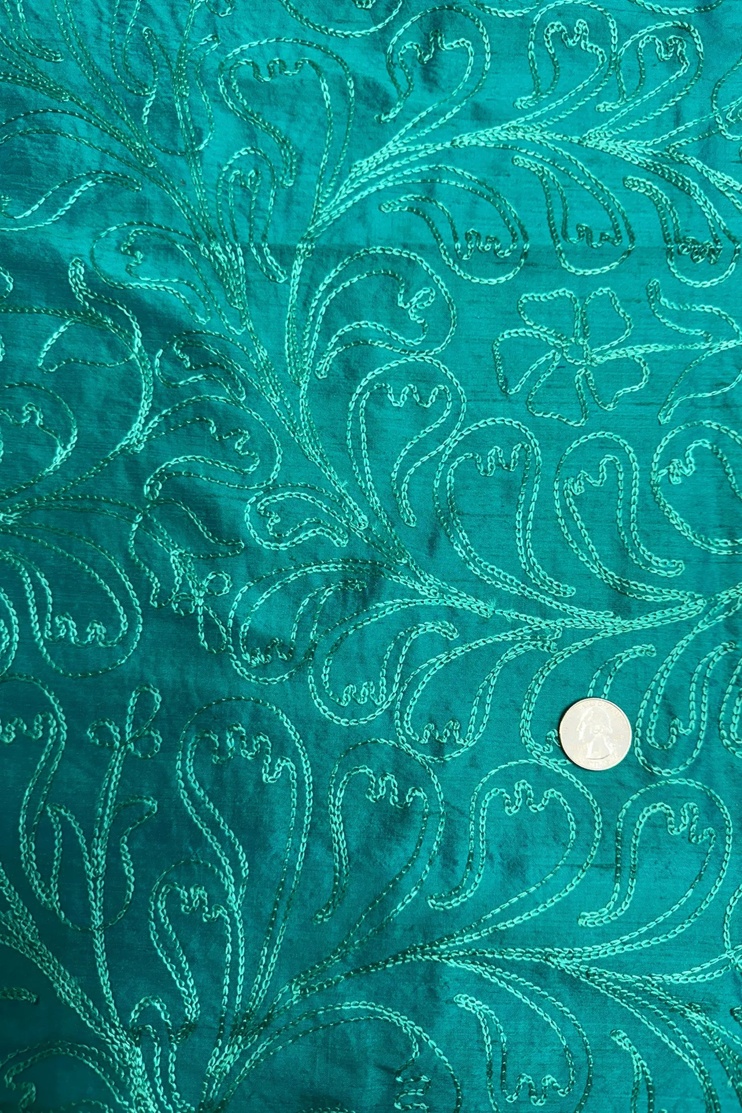 Fern Stitch-Work on Aqua Shantung Embroidered Dupioni Silk