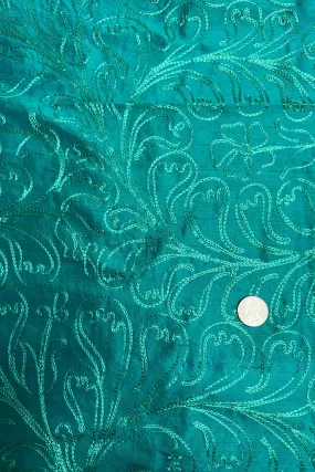 Fern Stitch-Work on Aqua Shantung Embroidered Dupioni Silk