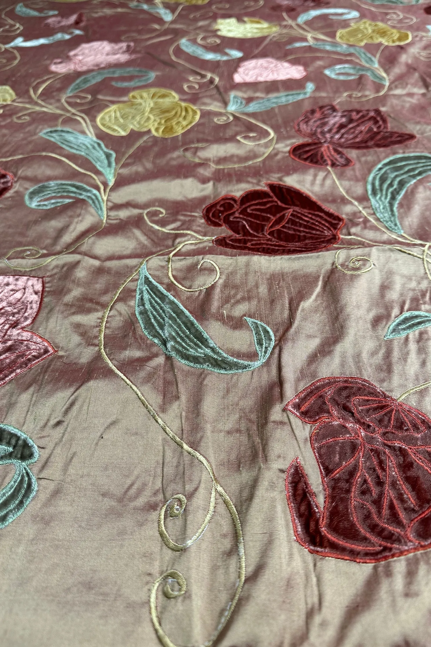 Flowers on Red Bronze Embroidered Silk