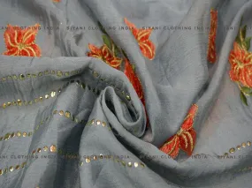 Grey Sequins And Flower Embroidered Chiffon Fabric