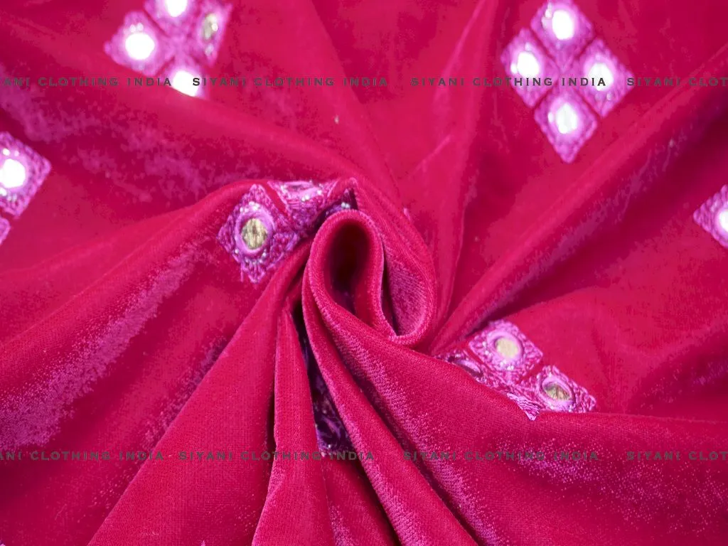 Hot Pink Mirror Embroidered Velvet Fabric