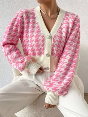 Houndstooth pattern lantern sleeve knitted cardigan sweater short coat