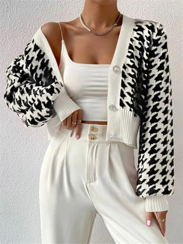 Houndstooth pattern lantern sleeve knitted cardigan sweater short coat