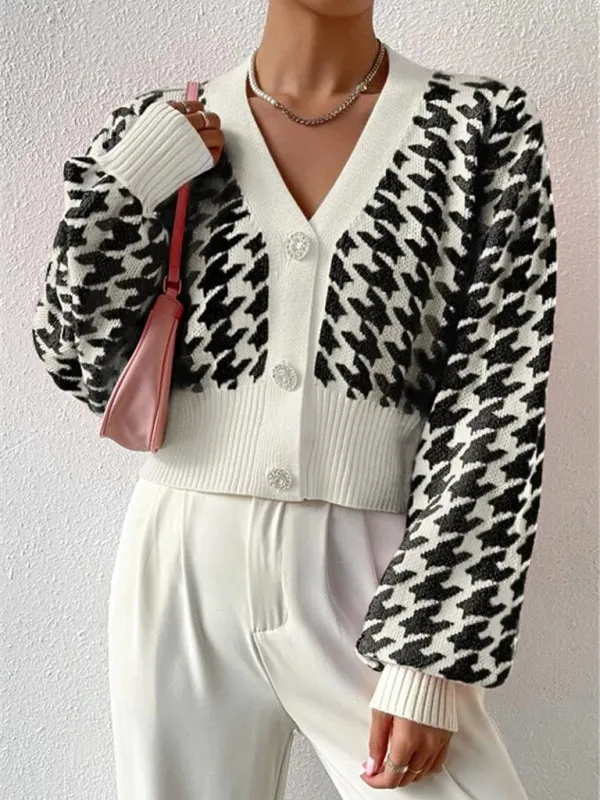 Houndstooth pattern lantern sleeve knitted cardigan sweater short coat