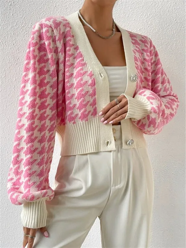 Houndstooth pattern lantern sleeve knitted cardigan sweater short coat