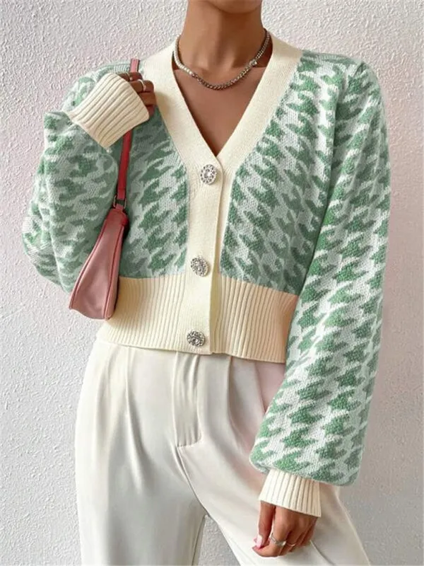 Houndstooth pattern lantern sleeve knitted cardigan sweater short coat