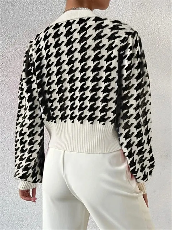 Houndstooth pattern lantern sleeve knitted cardigan sweater short coat