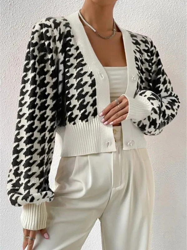 Houndstooth pattern lantern sleeve knitted cardigan sweater short coat