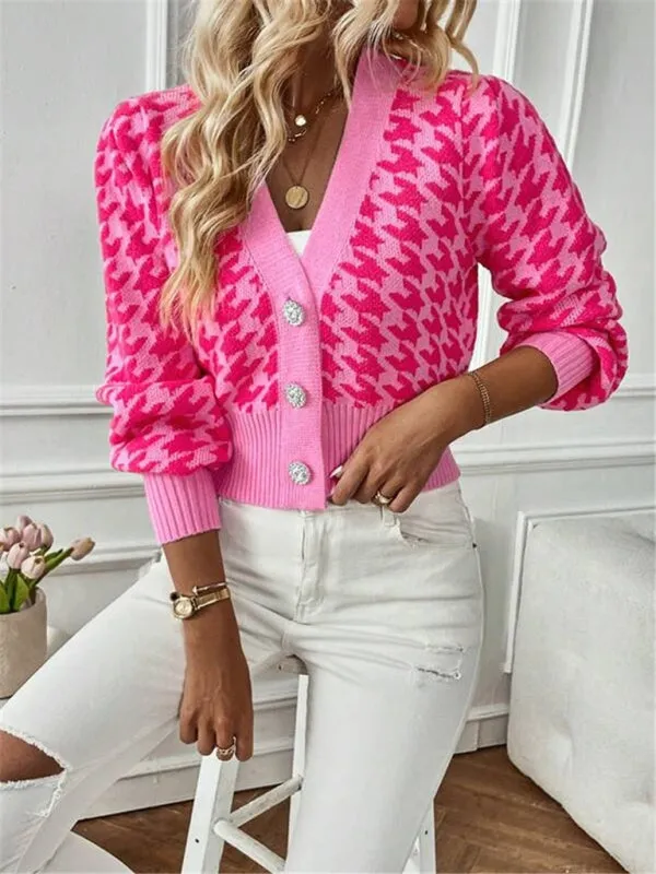 Houndstooth pattern lantern sleeve knitted cardigan sweater short coat