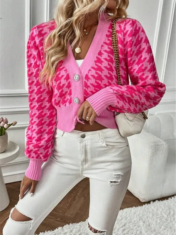 Houndstooth pattern lantern sleeve knitted cardigan sweater short coat