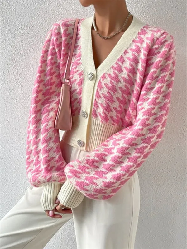 Houndstooth pattern lantern sleeve knitted cardigan sweater short coat