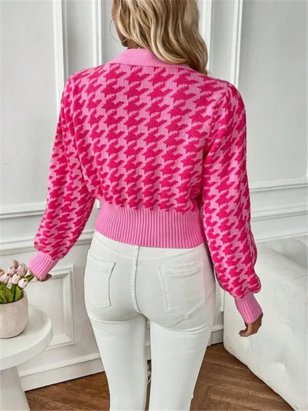 Houndstooth pattern lantern sleeve knitted cardigan sweater short coat